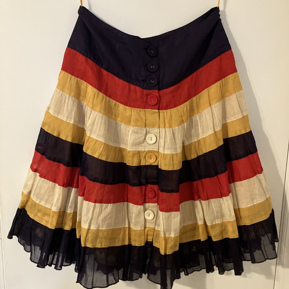Edme & Esyllte Anthropologie Blue Red‎ Yellow Flowy A Striped Skirt, Size 4